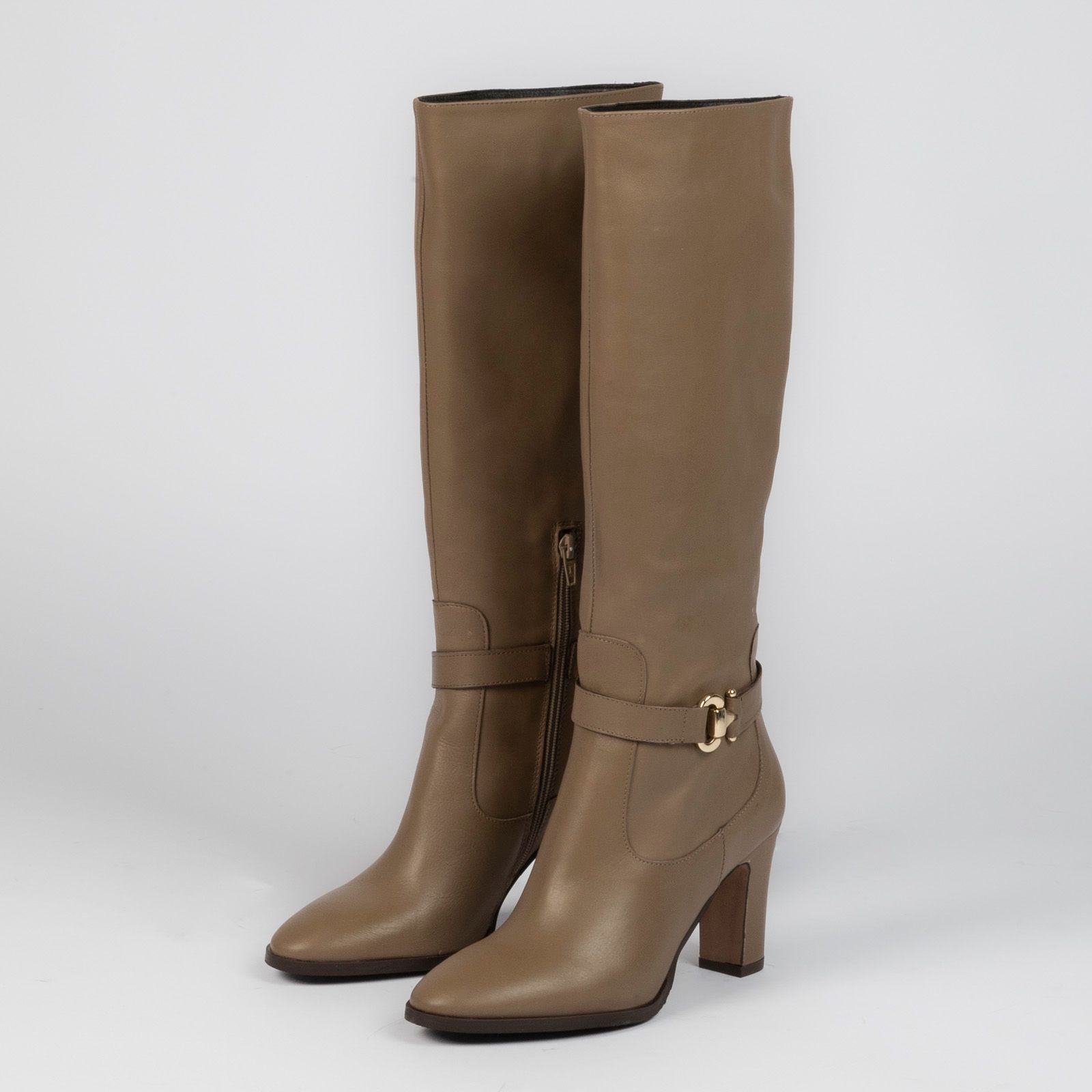 Taupe leren hoge laarzen met hak - Dames | MANFIELD