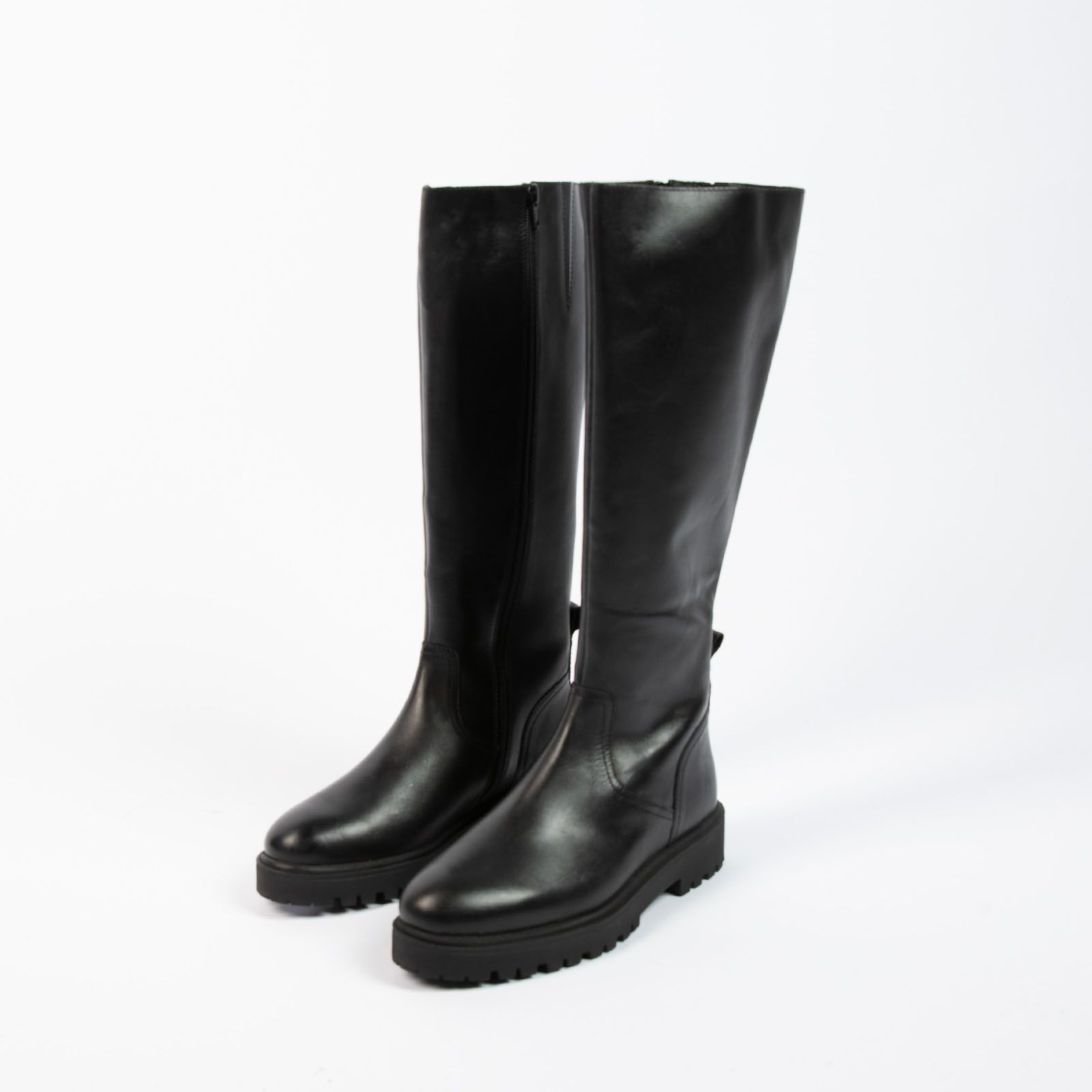 Zwarte leren hoge laarzen met platte zool - Dames | MANFIELD