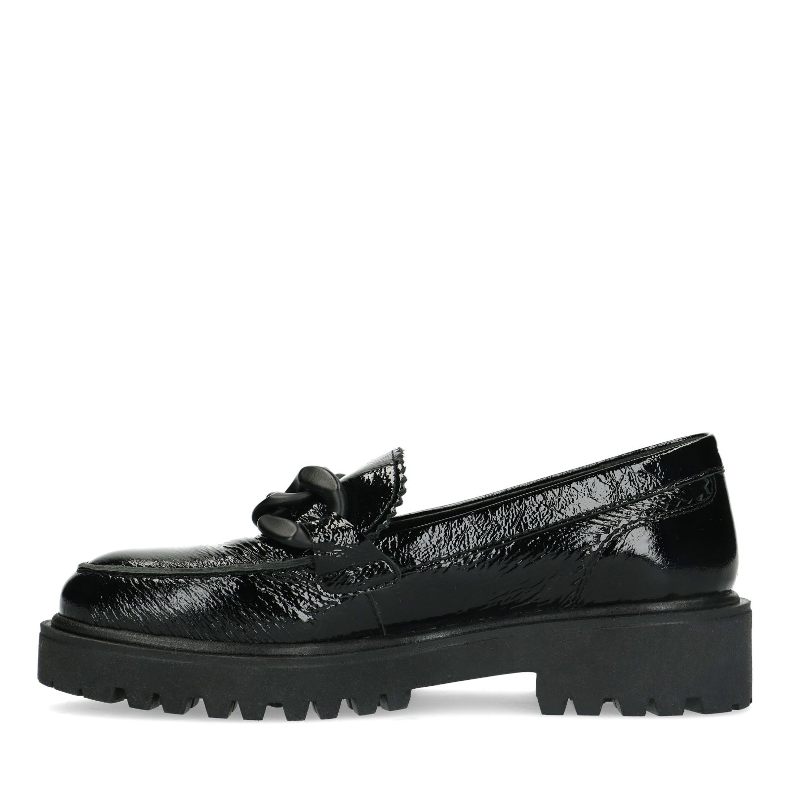 Zwarte lakleren loafers met chain - Dames | MANFIELD
