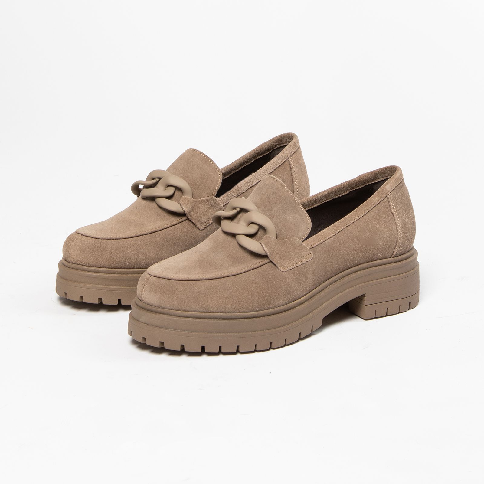 Taupe Suède Loafers Met Chain - Dames | MANFIELD