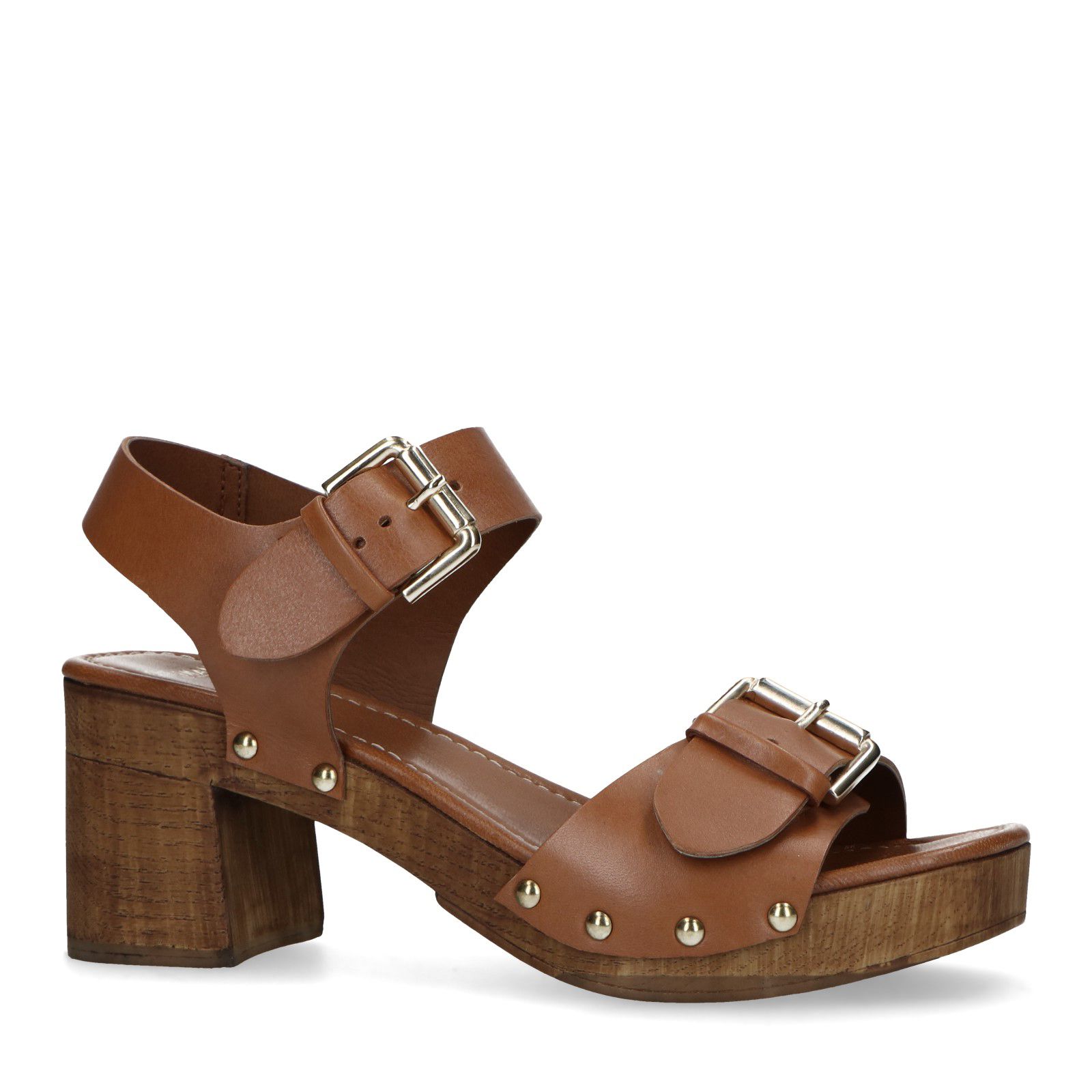 Cognac leren sandalen met blokhak - Dames | MANFIELD