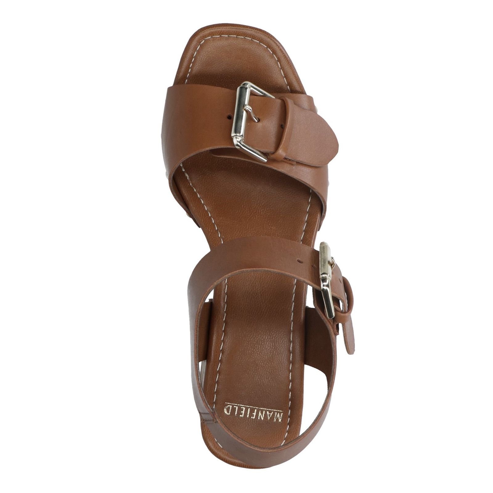 Cognac leren sandalen met blokhak - Dames | MANFIELD
