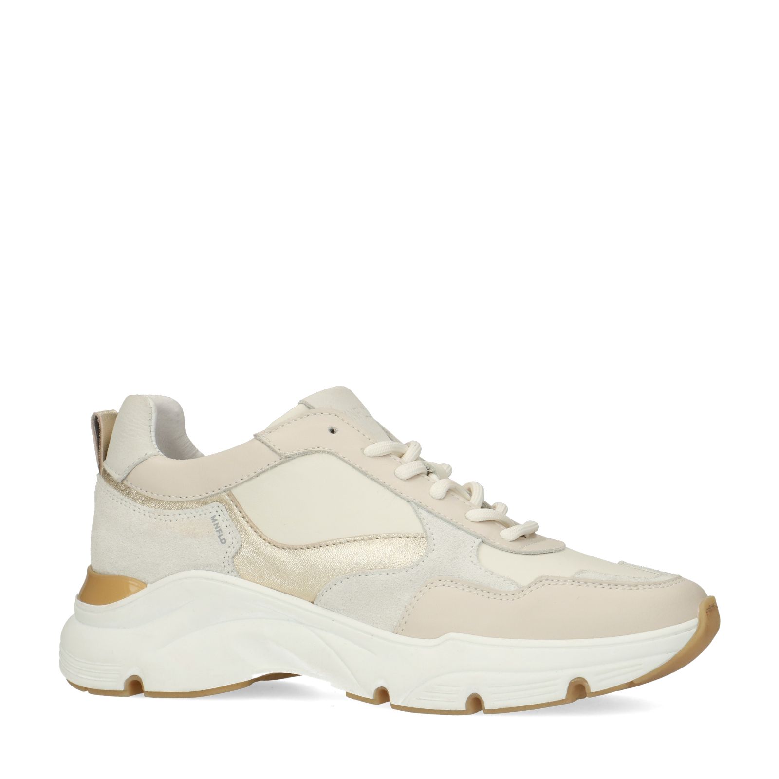 Beige leren sneakers met goudkleurige details - Dames | MANFIELD