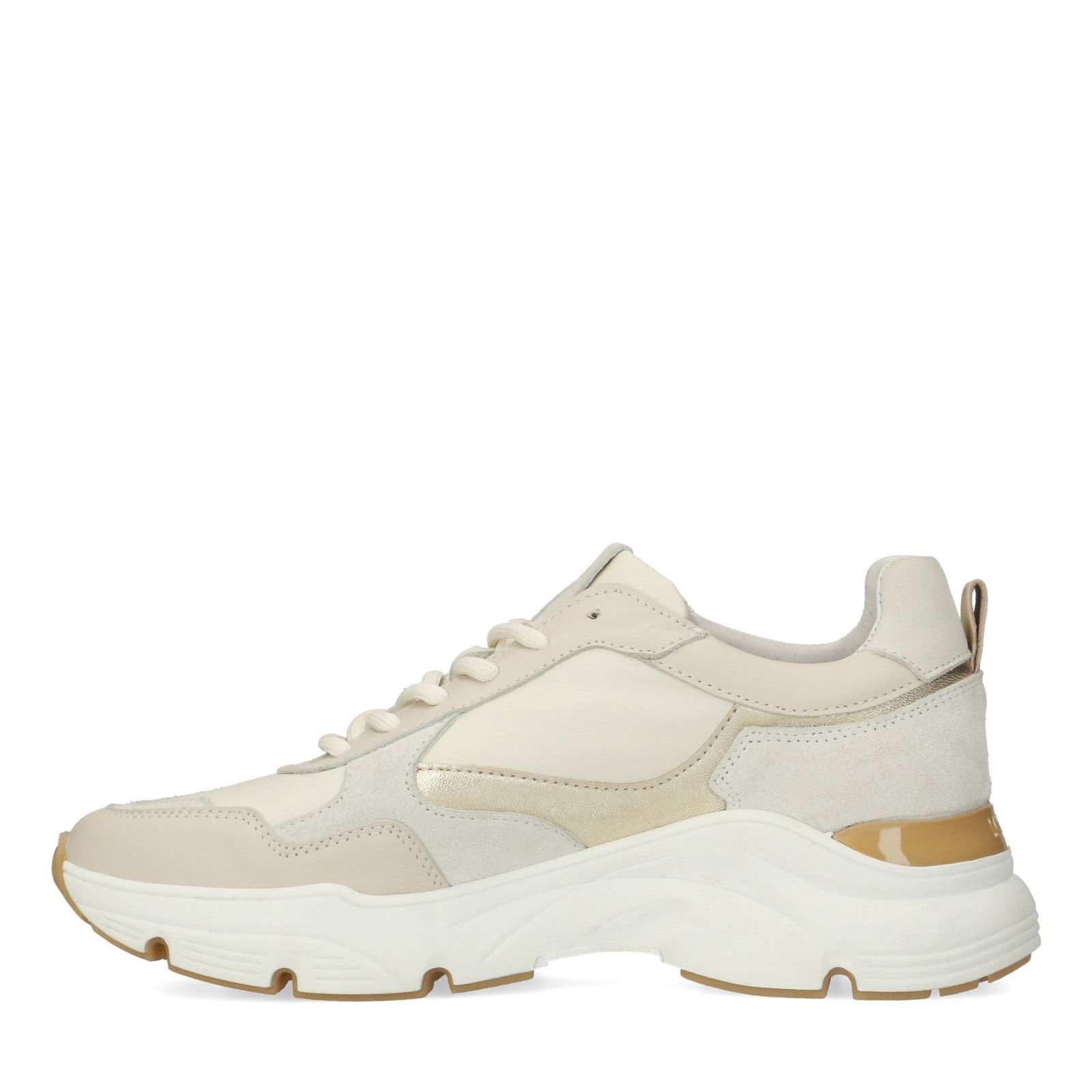 Beige leren sneakers met goudkleurige details - Dames | MANFIELD
