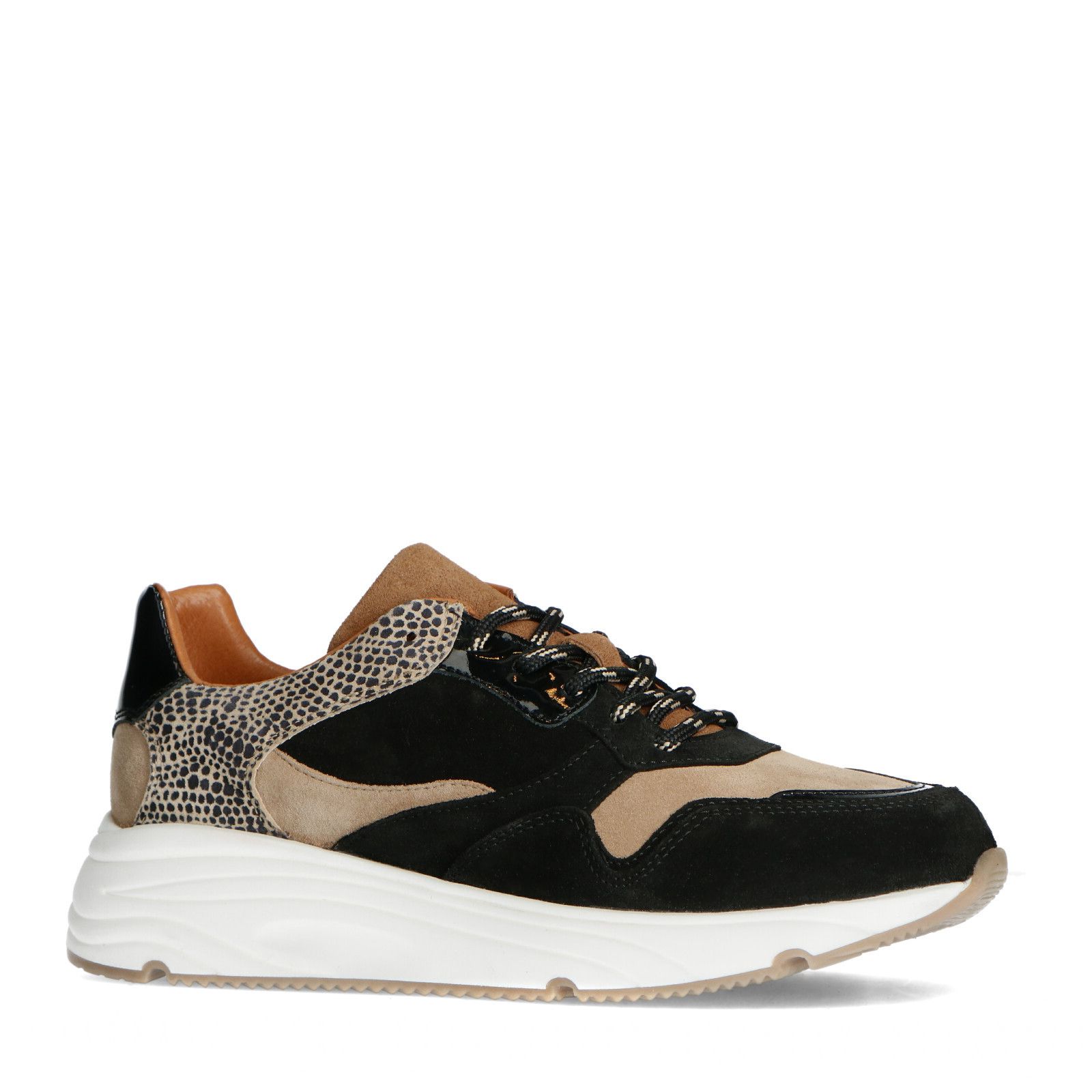 Zwarte lage sneakers met cheetahprint - Dames | MANFIELD
