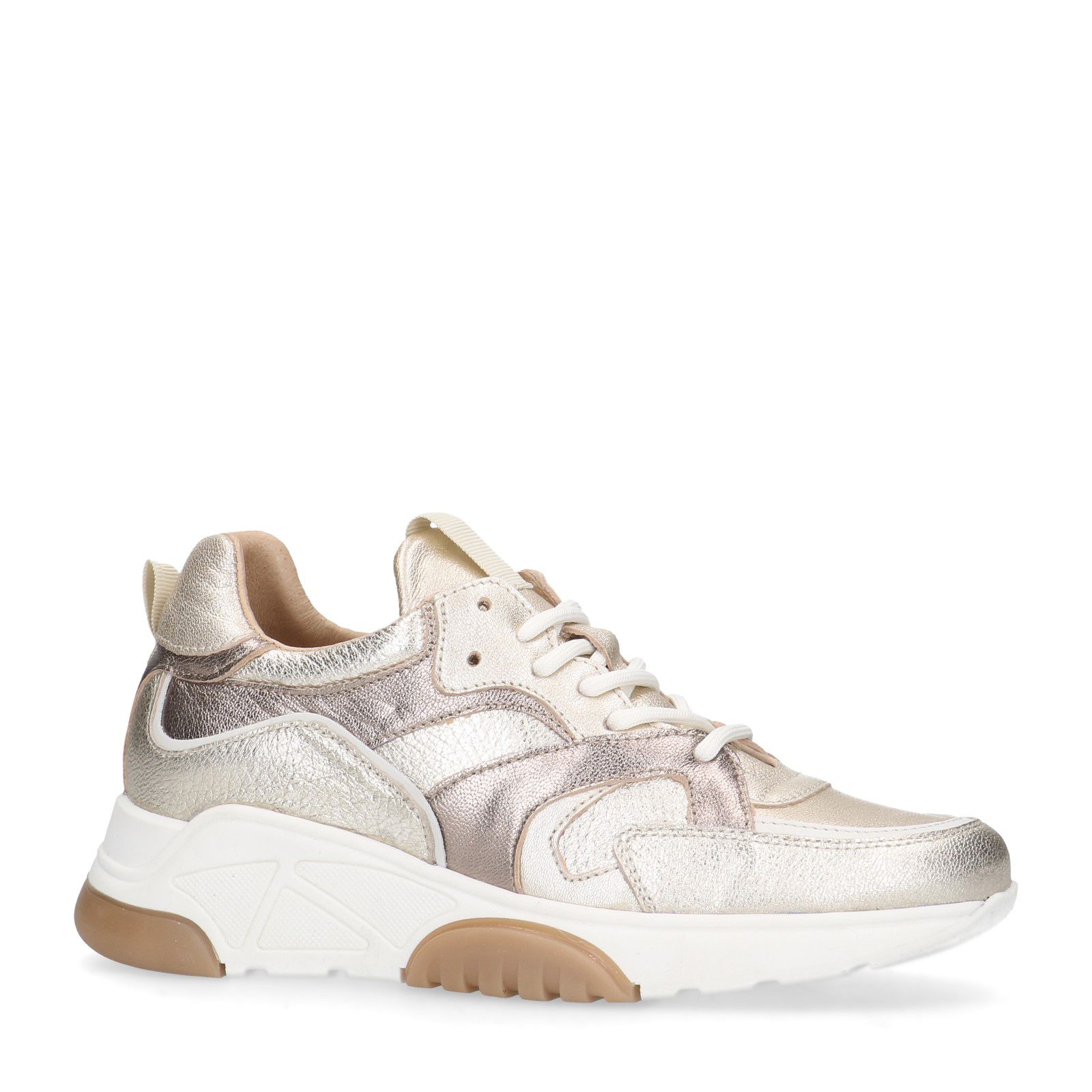 Goudkleurige leren sneakers met details - Dames | MANFIELD