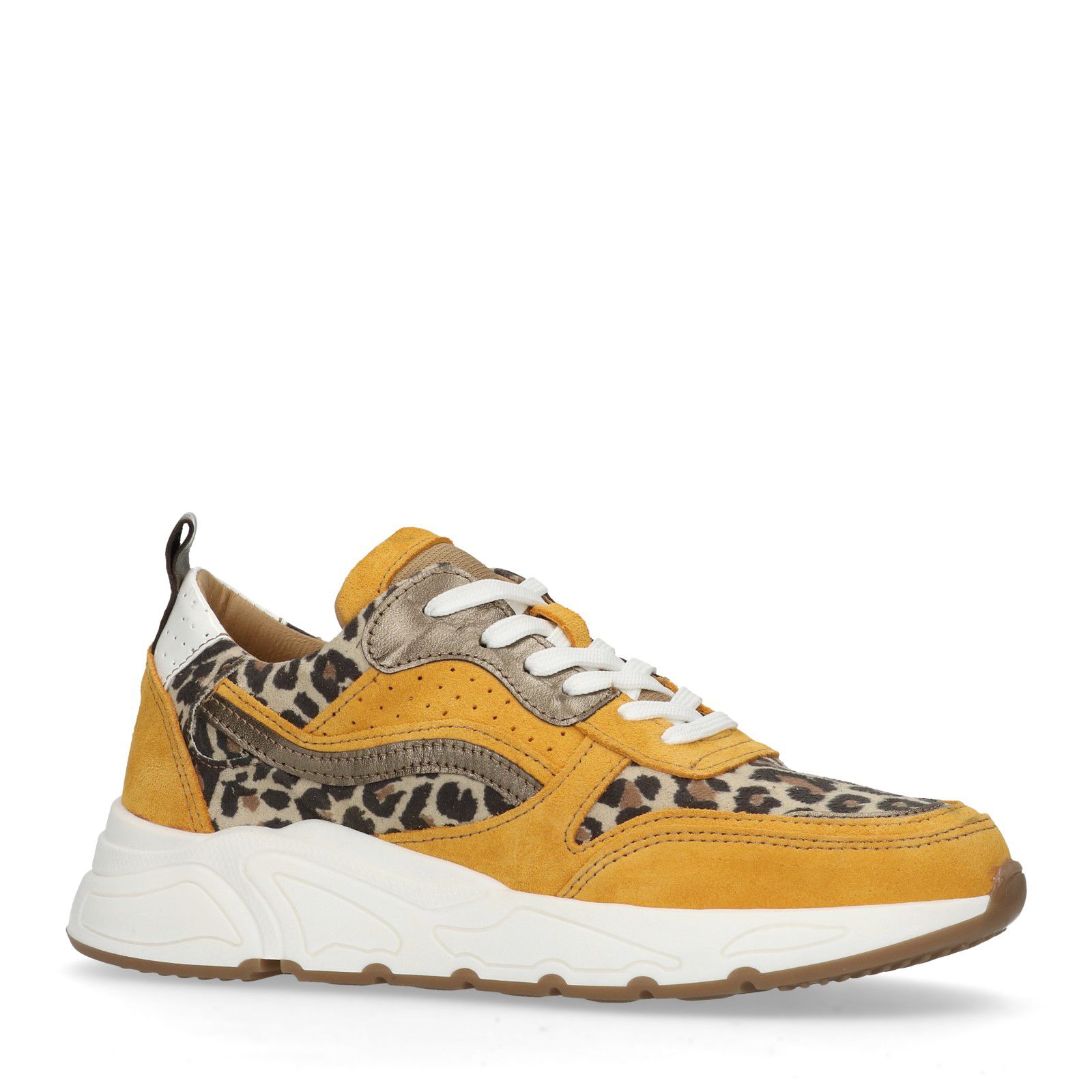Gele suède dad sneakers met panterprint - Dames | MANFIELD