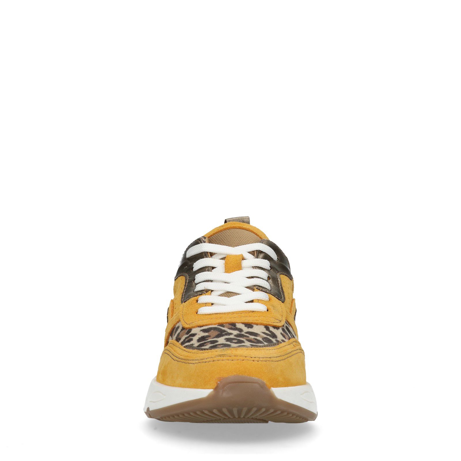Gele suède dad sneakers met panterprint - Dames | MANFIELD