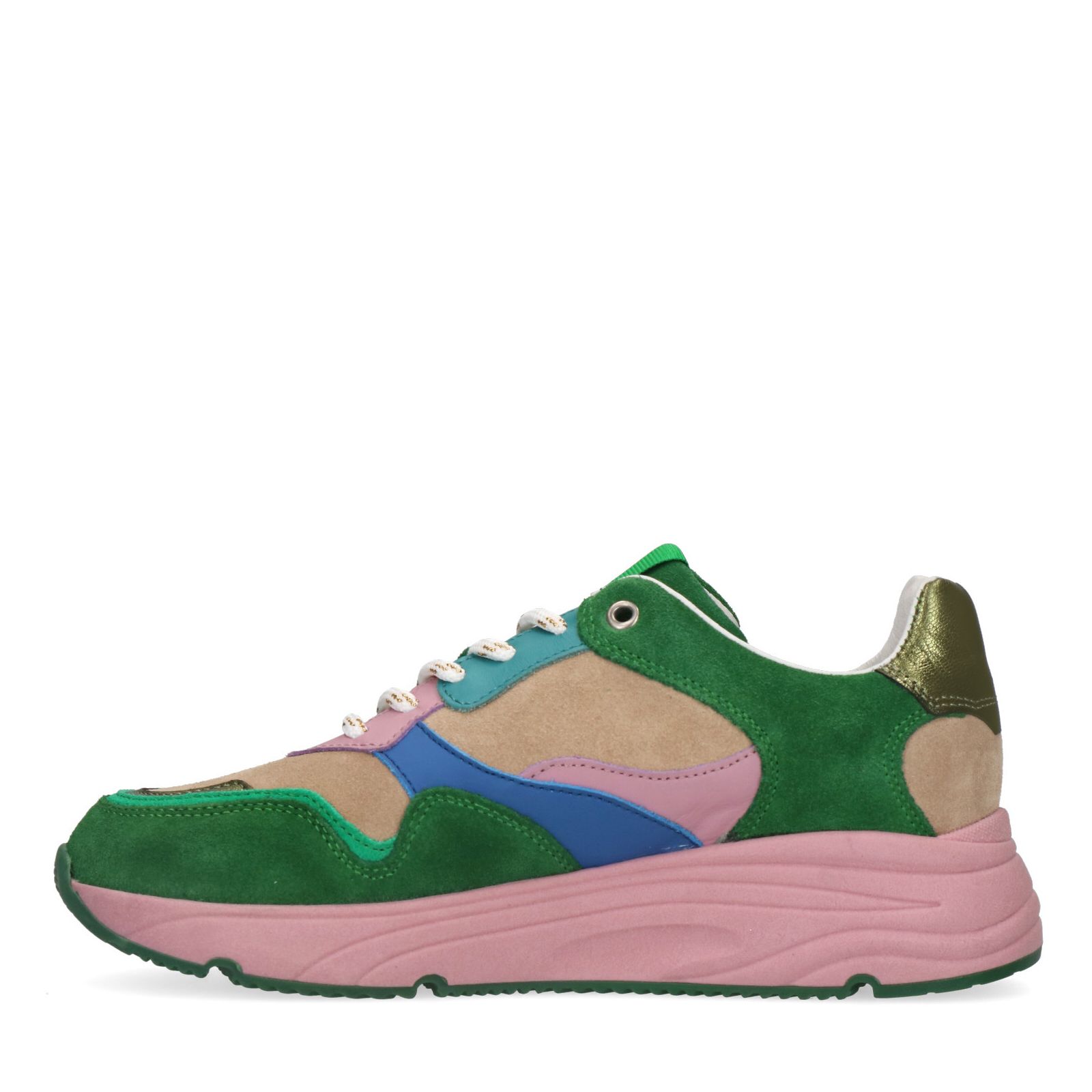 Groene suède sneakers met roze zool - Dames | MANFIELD