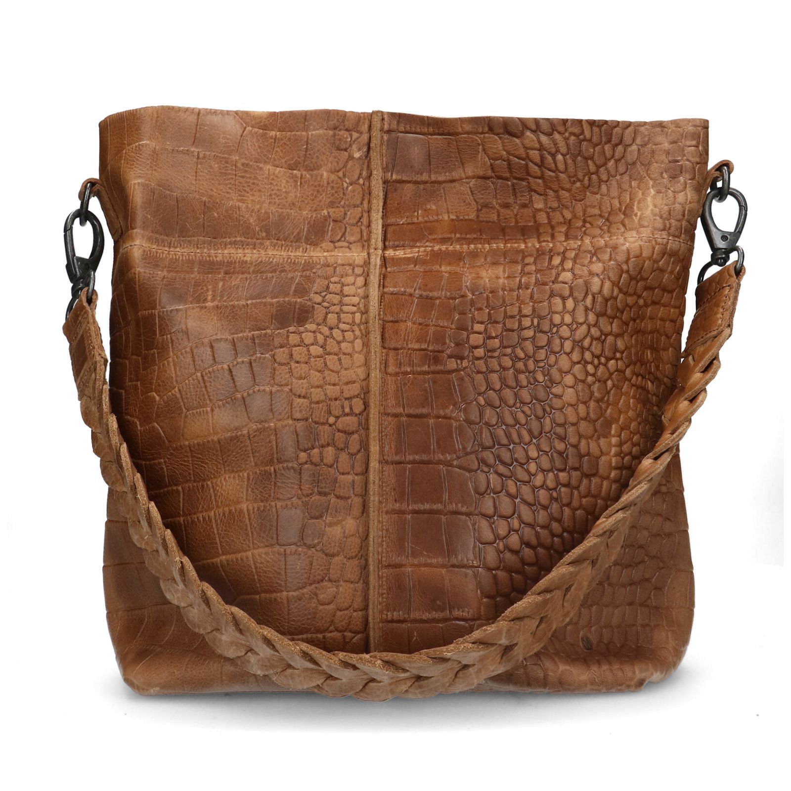 Cognac leren handtas met krokodillenprint