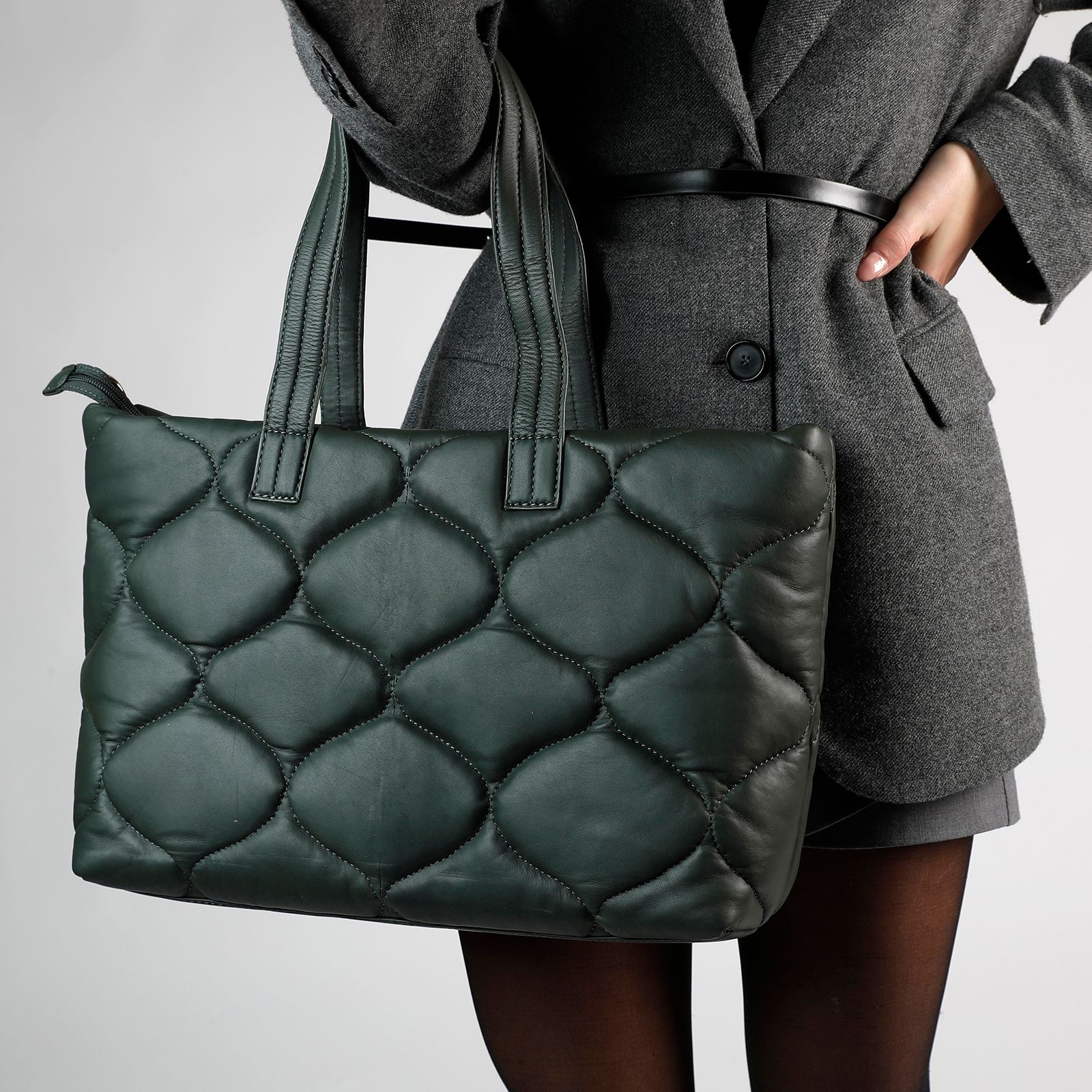 Groene Leren Puffer Shopper - Tassen | MANFIELD