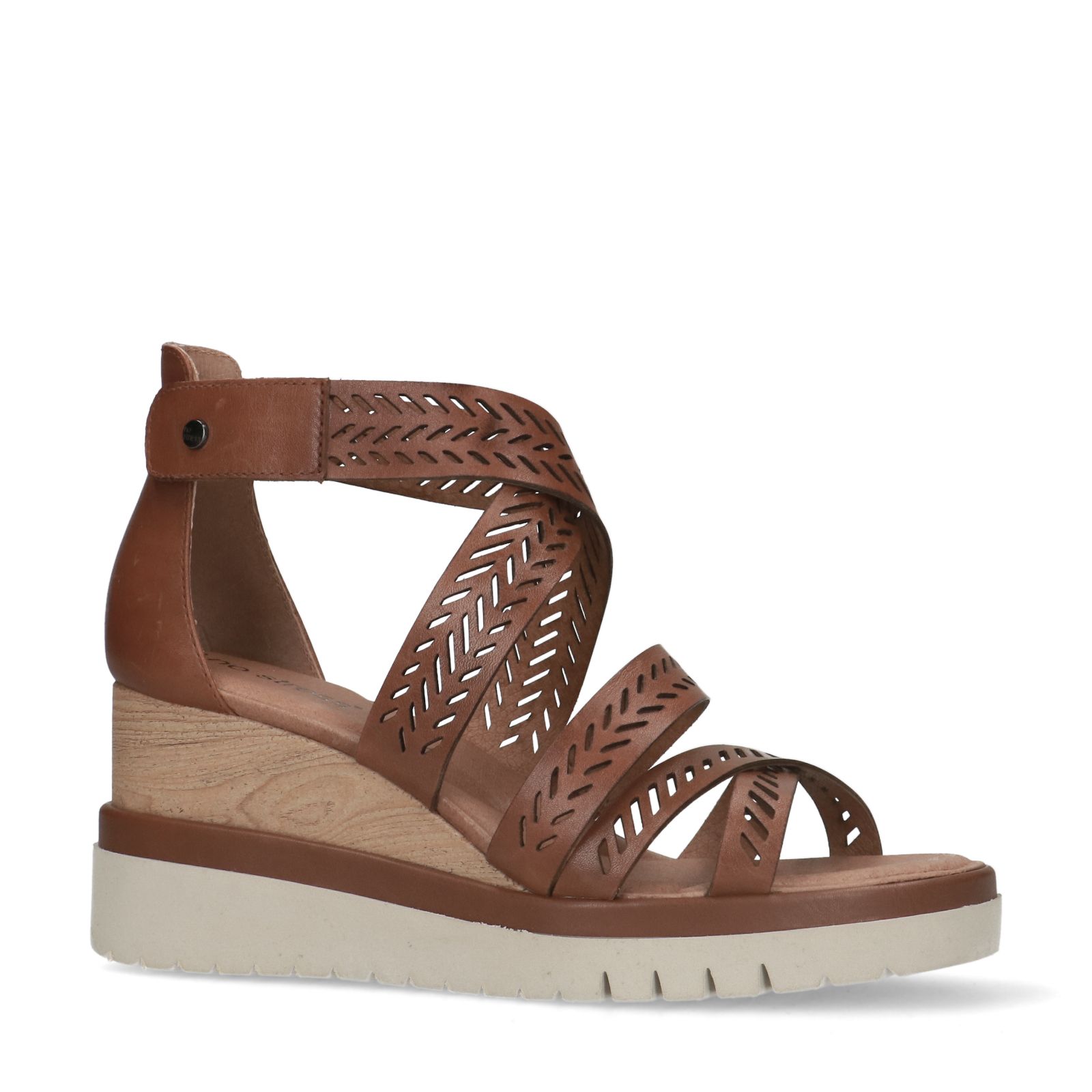 Cognac leren sandalen met sleehak - Dames | MANFIELD