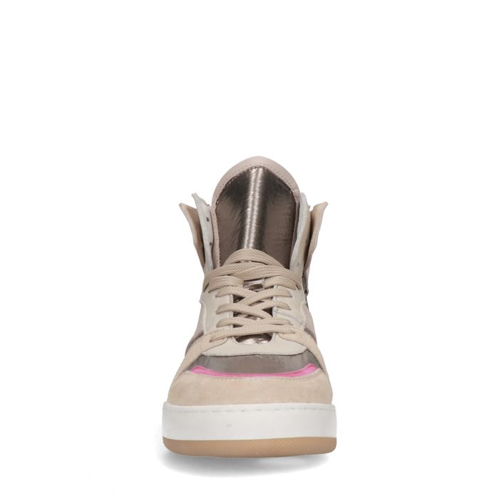 Halfhoge beige sneakers met metallic en roze details