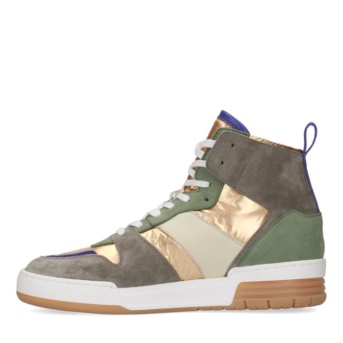 Halfhoge groene sneakers met metallic en paarse details
