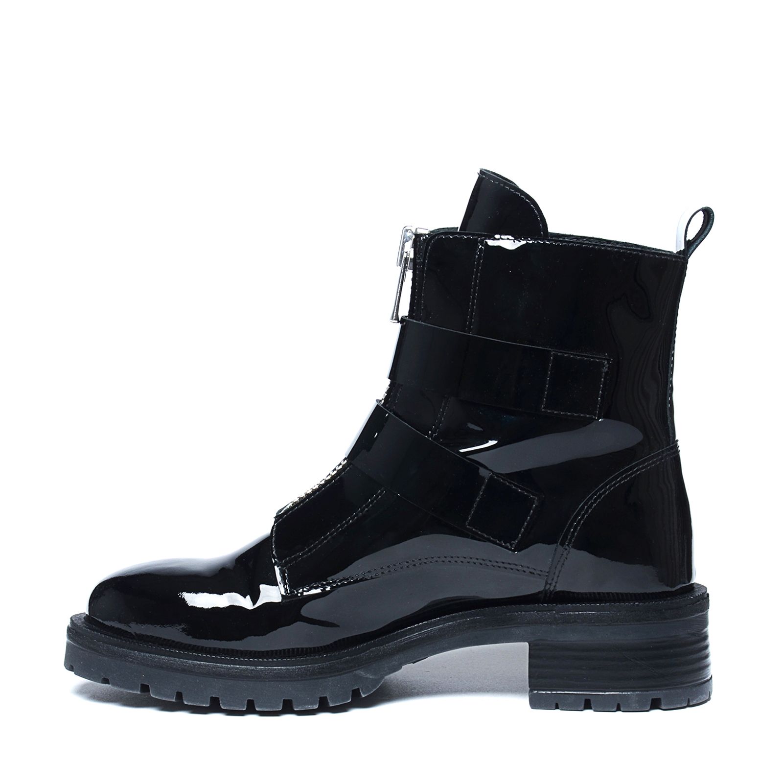 Lak leren biker boots met gespen en rits Damesschoenen – SACHA Zwarte lakleren biker boots Damesschoenen – SACHA