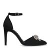 Zwarte gesloten pumps met zilverkleurige strass strik