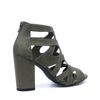 Donkergroene opengewerkte sandalen met hak