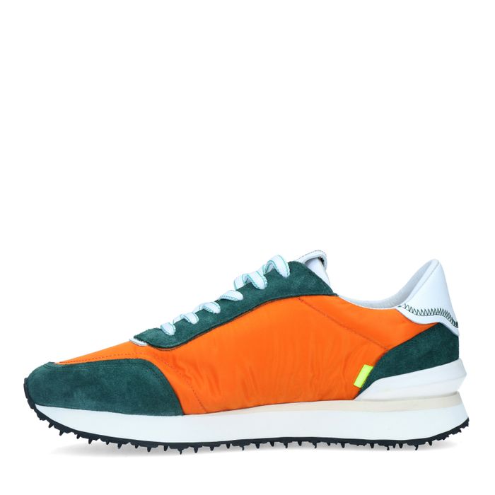 Orangefarbene Veloursleder-Sneaker mit farbigen Details