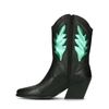 Schwarze Cowboystiefeletten mit Metallic-Details in Grün