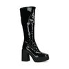 Schwarze Lack-Stiefel mit hohem Schaft und Blockabsatz