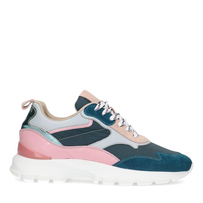 Blaue Veloursleder-Sneaker mit rosa Details