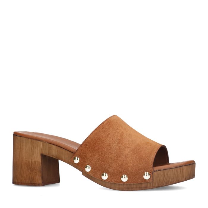 Cognacfarbene Veloursleder-Mules mit Holz-Absatz