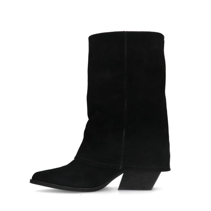 Schwarze Veloursleder-Stiefeletten mit Umschlag