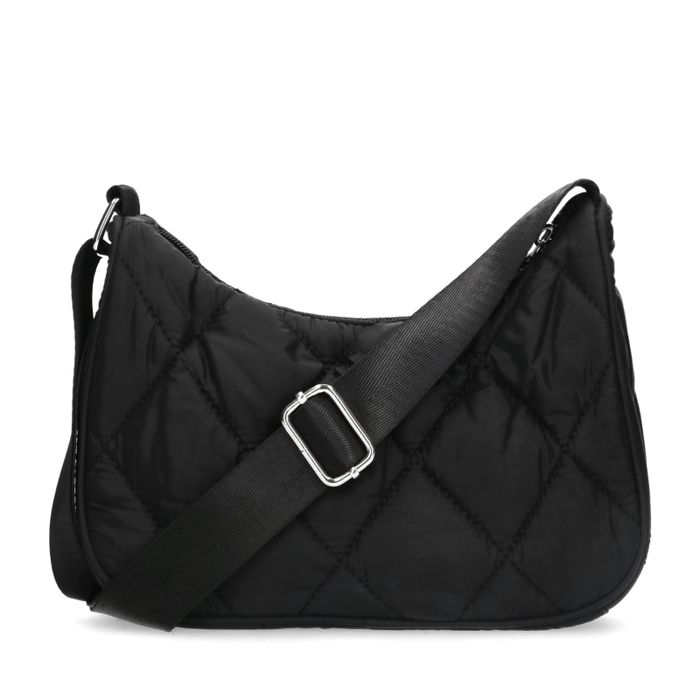 Zwarte puffer schoudertas met geruite sierstiksels