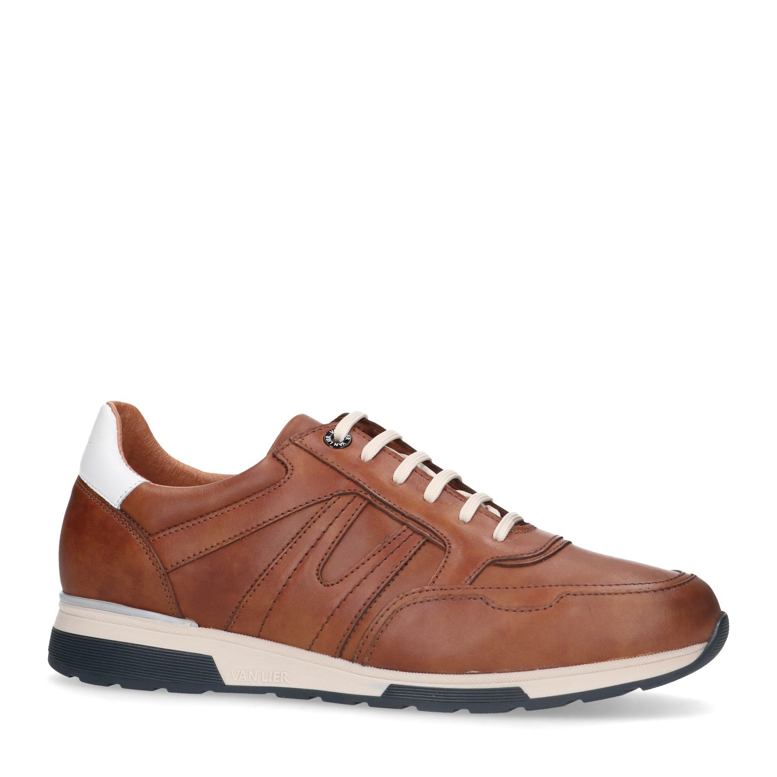 Cognac leren sneakers met donkerblauwe details - Heren | MANFIELD
