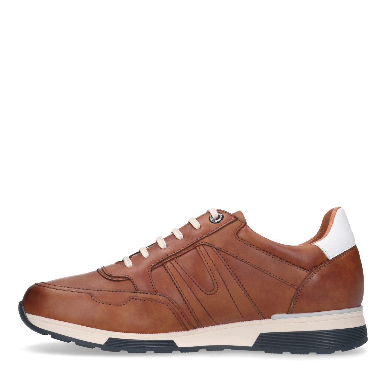 Cognac leren sneakers met donkerblauwe details - Heren | MANFIELD