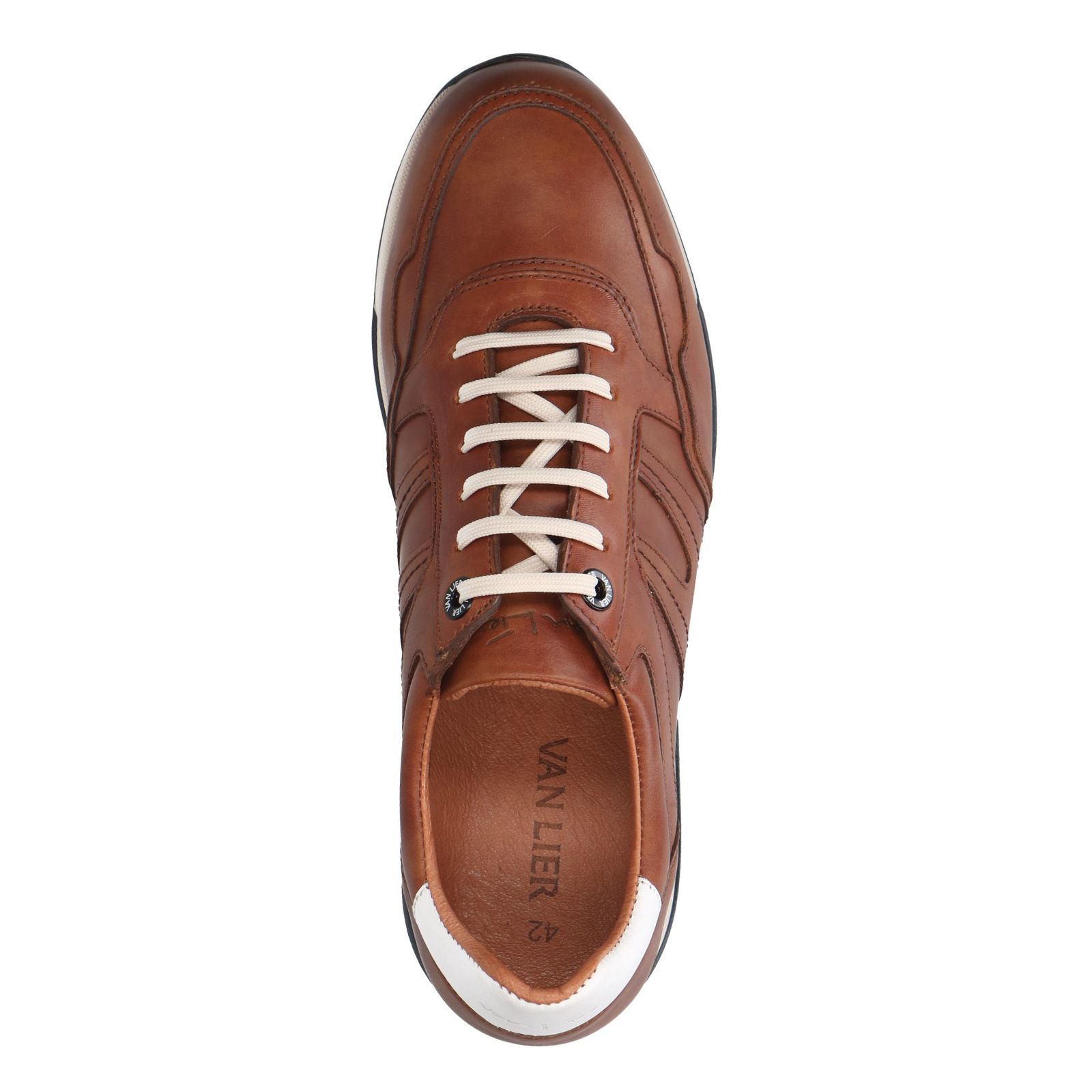 Cognac leren sneakers met donkerblauwe details - Heren | MANFIELD
